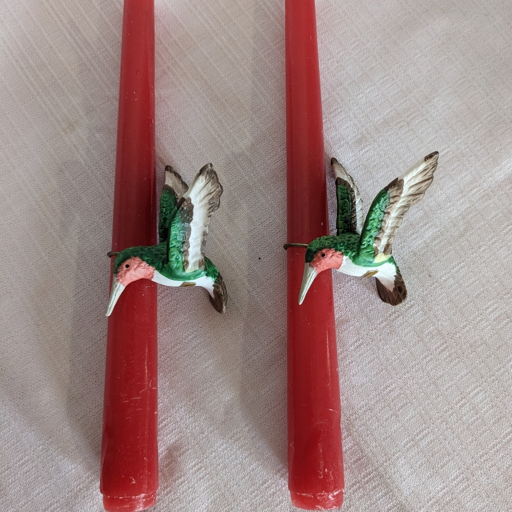 Pair of hummingbird tapered candle rings handpainted ceramic